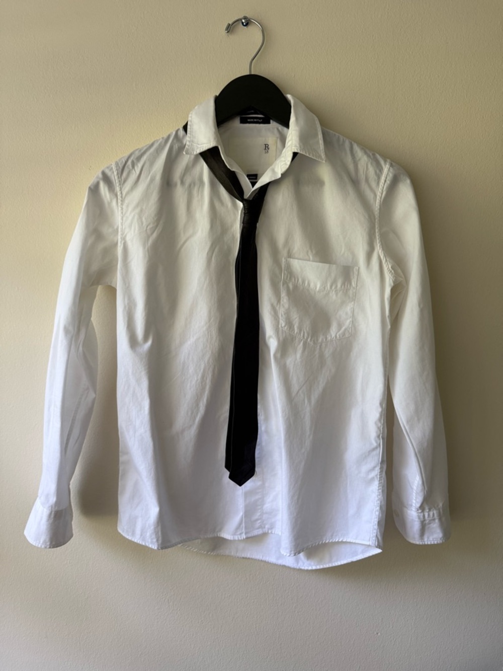 R13 White Cotton Shirt with Black Leather Tie. Like New. Size XS